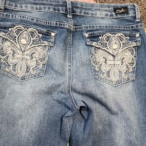 Earl Jeans Women's Blue Bootcut Jeans with Embroidered Pearl-Accent Pockets